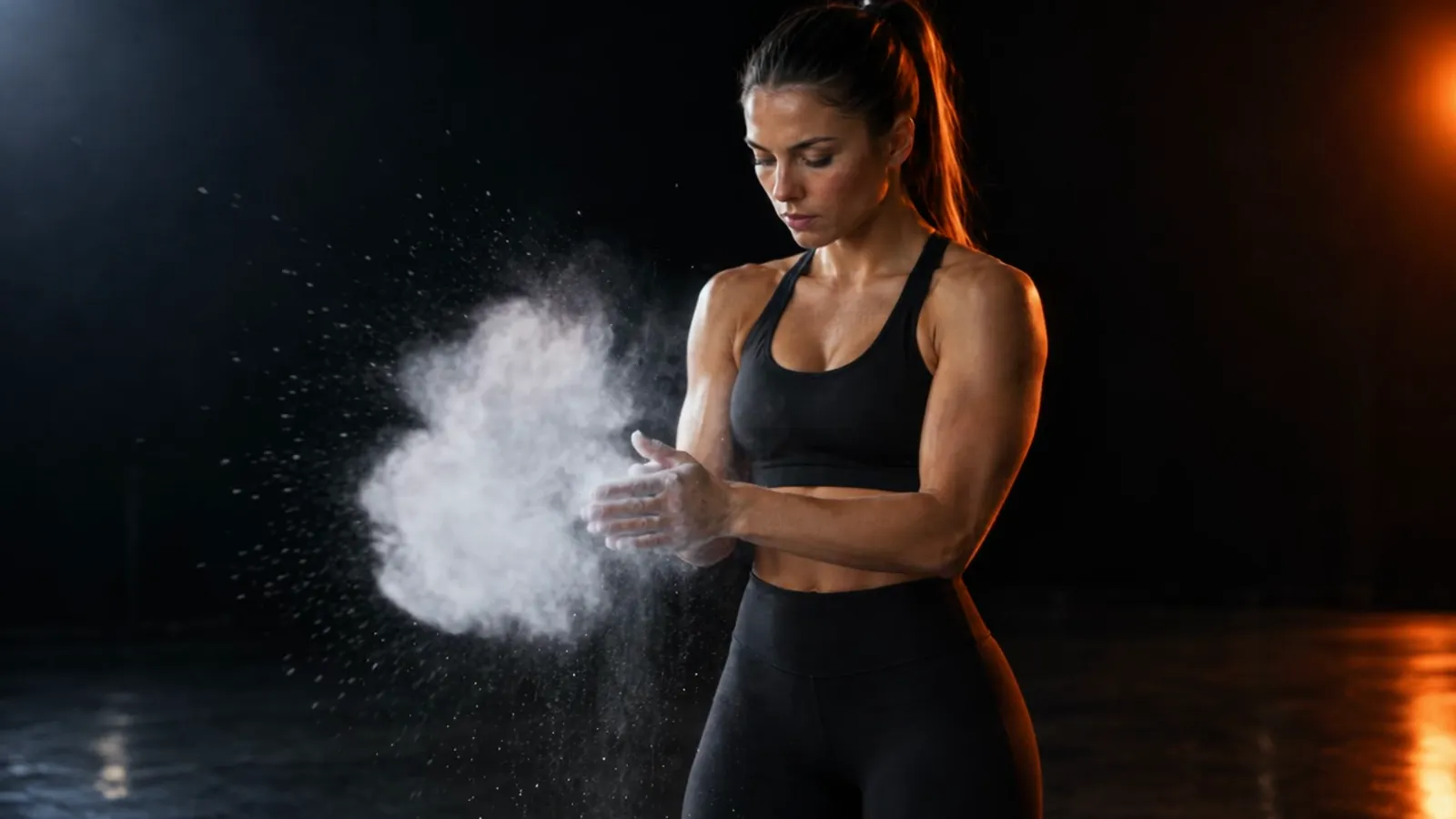 Atleta aplaudiendo con magnesio en las manos, con una nube blanca en cámara lenta